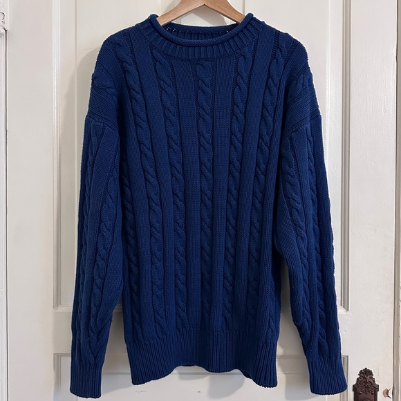 Vintage Gap Cotton Roll Neck Sweater Chunky Cable Knit Blue Size Medium